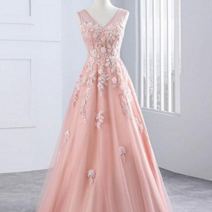 Prom Dresses,pink V Neck Tulle Lace Long Pink..