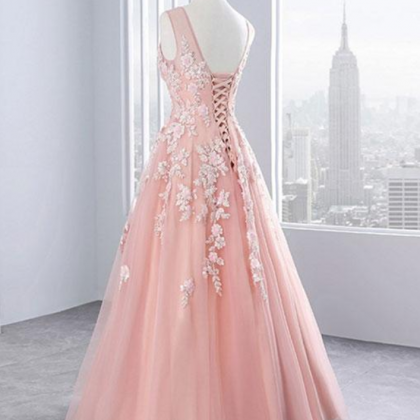 Prom Dresses,pink V Neck Tulle Lace Long Pink..