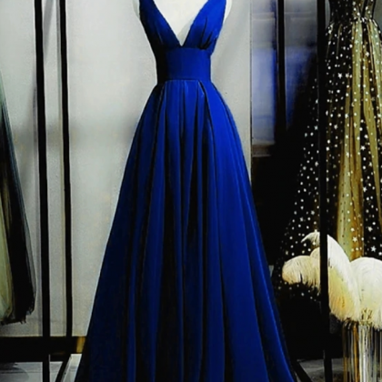 Prom Dresses,royal Blue Satin Deep V-neck Long..