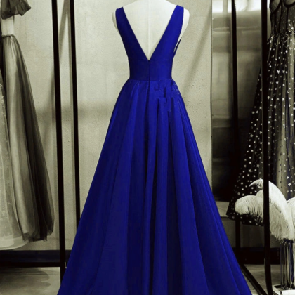 Prom Dresses,royal Blue Satin Deep V-neck Long..