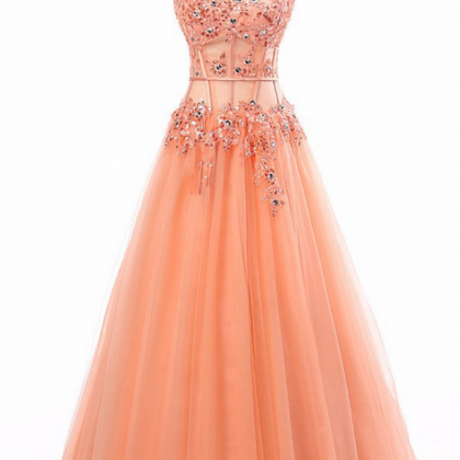 Prom Dresses,coral Beaded Embellished Floor Length..