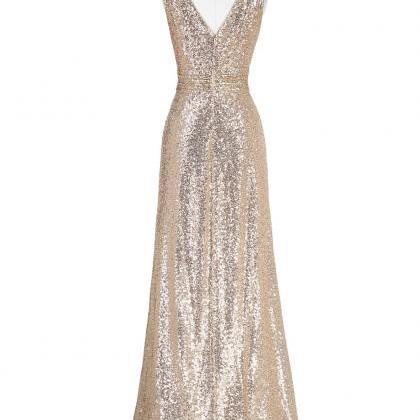 Prom Dresses,gold Sequinned Floor Length A-line..