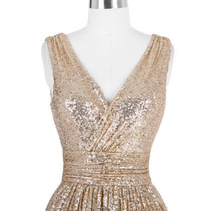 Prom Dresses,gold Sequinned Floor Length A-line..