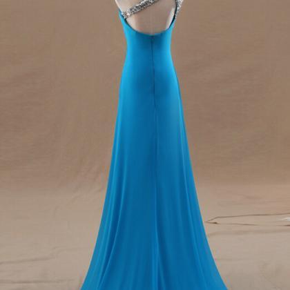 Prom Dresses,blue One Shoulder Long Chiffon Sexy..