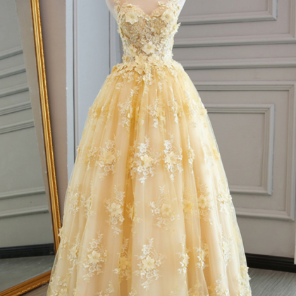 Prom Dresses,yellow A-line Long Prom Dresses, Lace..