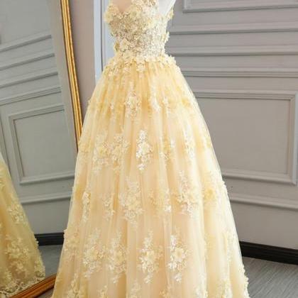 Prom Dresses,yellow A-line Long Prom Dresses, Lace..