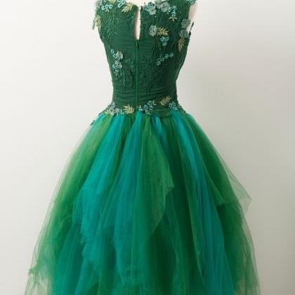 Homecoming Dresses,unique V Neck Green Tulle Lace..
