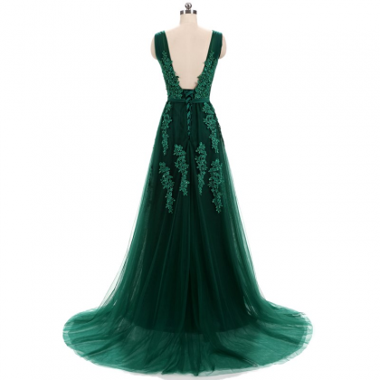 Prom Dresses,a-line V Neck Emerald Green Formal..