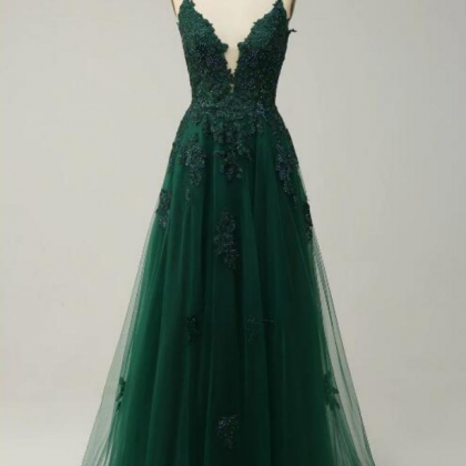 Prom Dresses,a-line Spaghetti Straps Dark Green..