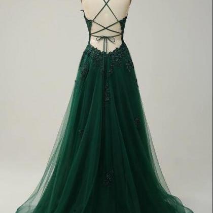 Prom Dresses,a-line Spaghetti Straps Dark Green..