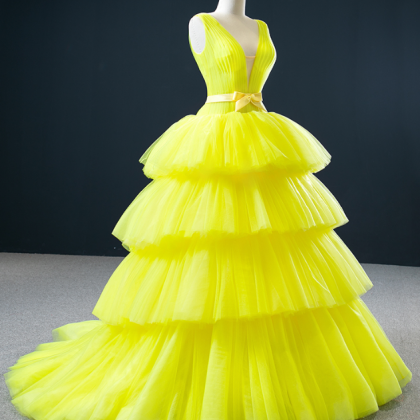 Prom Dresses, V-neck Sleeveless Yellow Sundress..