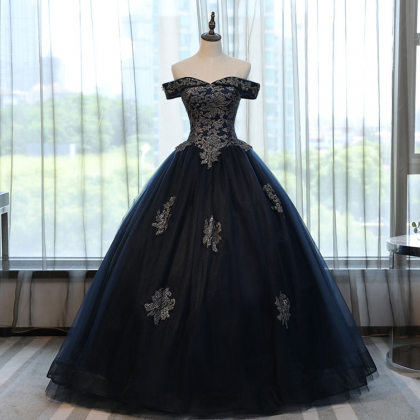 Prom Dresses,fashion Long Navy Blue Tulle Ball..
