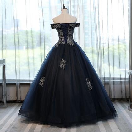 Prom Dresses,fashion Long Navy Blue Tulle Ball..