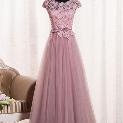 Prom Dresses,pink Round Neck Tulle Lace Applique..