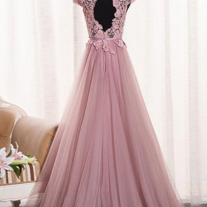 Prom Dresses,pink Round Neck Tulle Lace Applique..