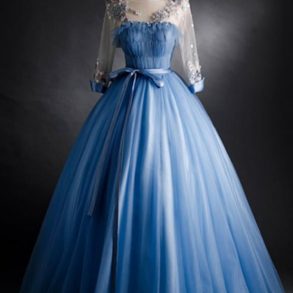 Prom Dresses, Blue Tulle Long Sleeve Formal Gowns,..