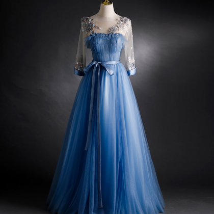 Prom Dresses, Blue Tulle Long Sleeve Formal Gowns,..