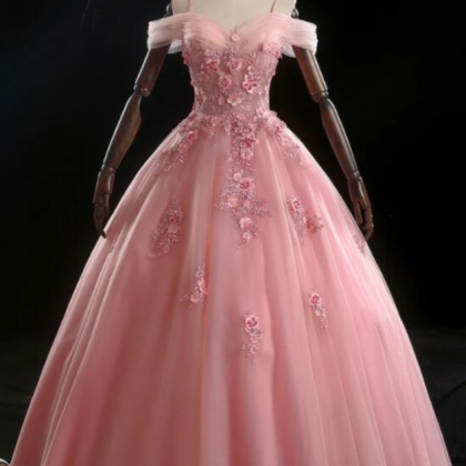Prom Dresses,pink Tulle A-line Lace Applique..