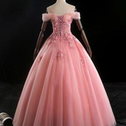 Prom Dresses,pink Tulle A-line Lace Applique..