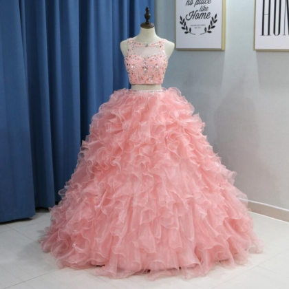 Prom Dresses,luxury Beaded Coral Two Piece Organza..