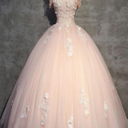 Prom Dresses, Pink Tulle Beautifully Appliqued..