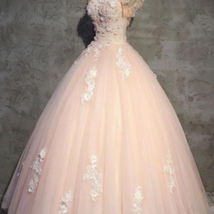 Prom Dresses, Pink Tulle Beautifully Appliqued..