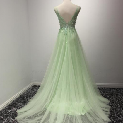 Prom Dresses,elegant Mint Green Tulle Gowns Lace..