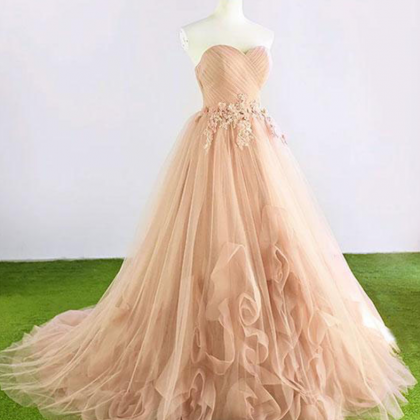 Prom Dresses, A-line Fit Champagne Long Tulle..