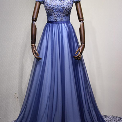 Prom Dresses,off Shoulder Blue Tulle Beaded A-line..