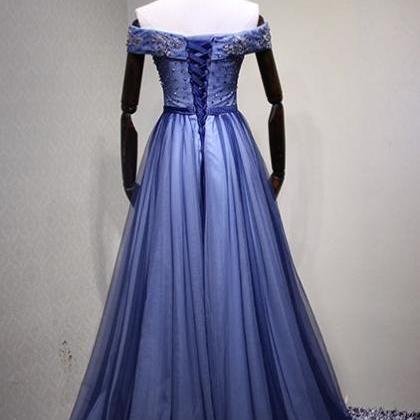 Prom Dresses,off Shoulder Blue Tulle Beaded A-line..