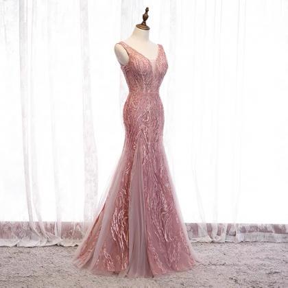 Prom Dresses,pink V Neck Long Mermaid Party..