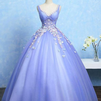 Prom Dresses, Vintage V-neck Blue Applique..