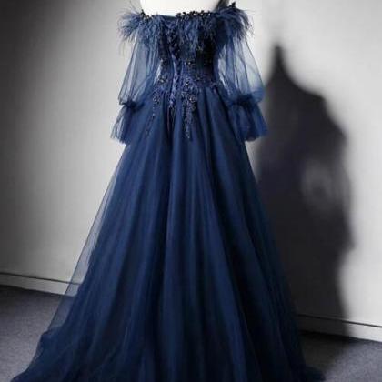 Prom Dresses,dark Blue Off Shoulder Tulle Long..