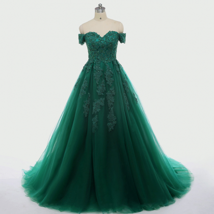 Prom Dresses, Deep Green Lace Applique Strapless..