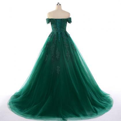Prom Dresses, Deep Green Lace Applique Strapless..