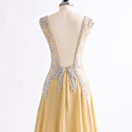 Prom Dresses,yellow Chiffon V Neck Long Split Back..