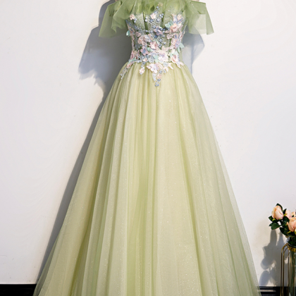 Prom Dresses,green Tulle Lace Long A Line Prom..