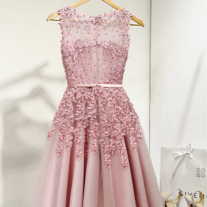 Homecoming Dresses, Cute Pink Lace Applique Short..
