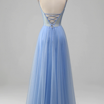 Prom Dress,light Blue A-line V Neck Tulle Prom..