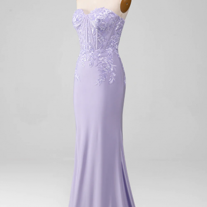 Prom Dress,lilac Sheath Strapless Corset Prom..