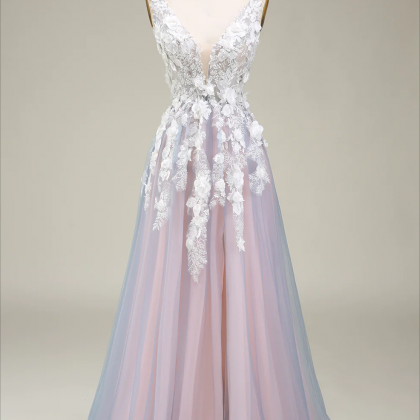 Prom Dress,gorgeous A Line Deep V Neck Grey Pink..