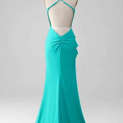 Prom Dress,turquoise V-neck Spaghetti Straps Open..