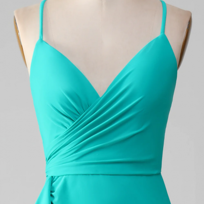 Prom Dress,turquoise V-neck Spaghetti Straps Open..