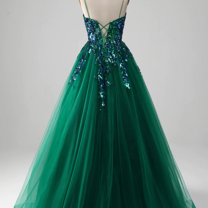 Prom Dress,tulle Spaghetti Straps Dark Green Prom..