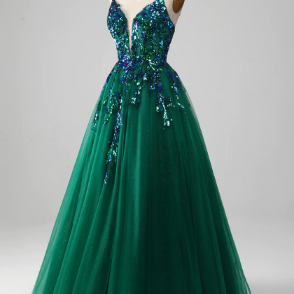 Prom Dress,tulle Spaghetti Straps Dark Green Prom..