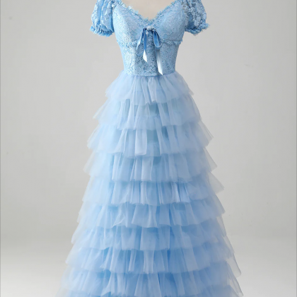 Prom Dress,tulle Sky Blue Tiered Prom Dress With..