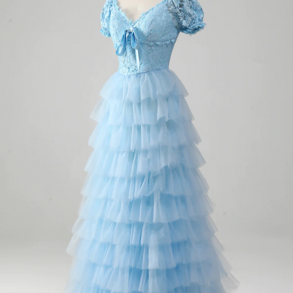 Prom Dress,tulle Sky Blue Tiered Prom Dress With..