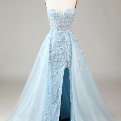 Prom Dress,corset Blue Strapless A Line Prom Dress..