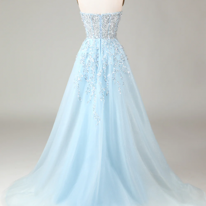 Prom Dress,corset Blue Strapless A Line Prom Dress..