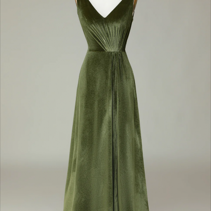 Prom Dress,v-neck Sleeveless Olive Velvet..